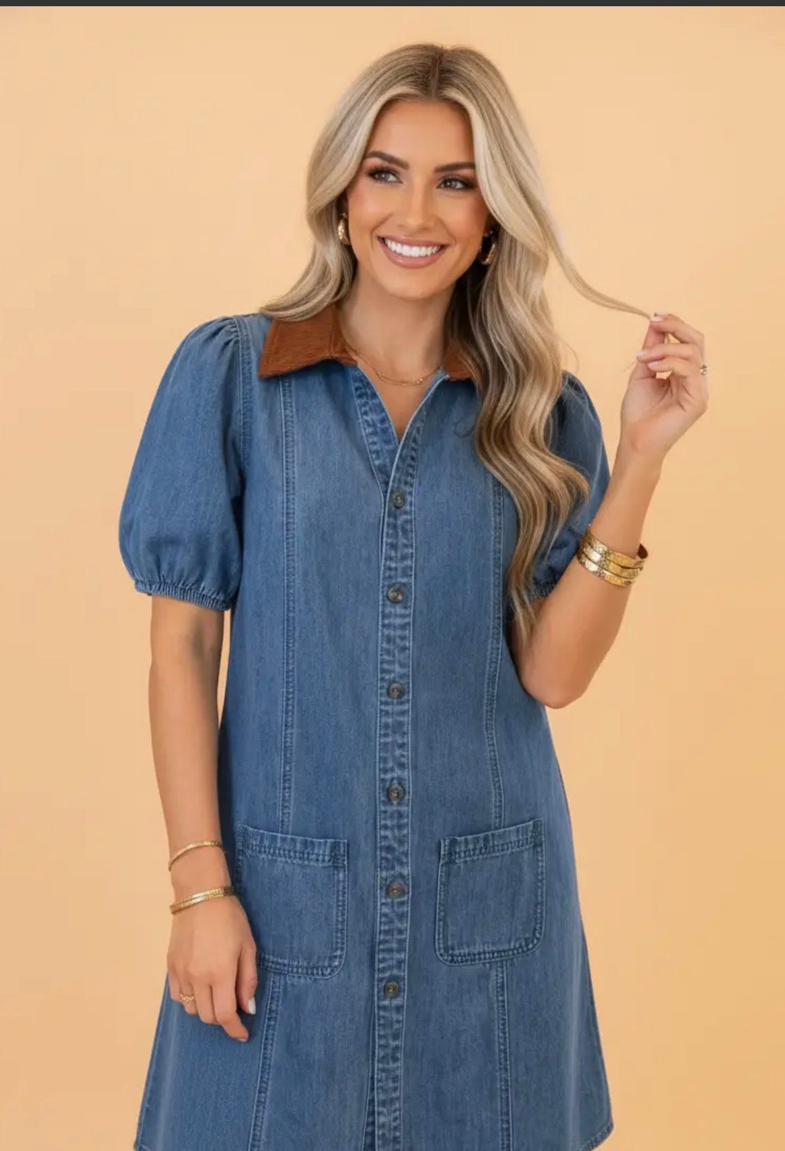Denim Patchwork Collar Puff Sleeve Mini Dress