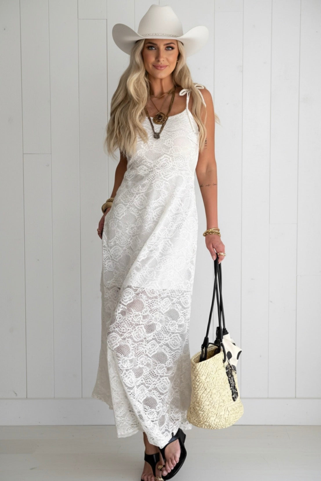 Floral Lace Tie Spaghetti Straps Maxi Dress