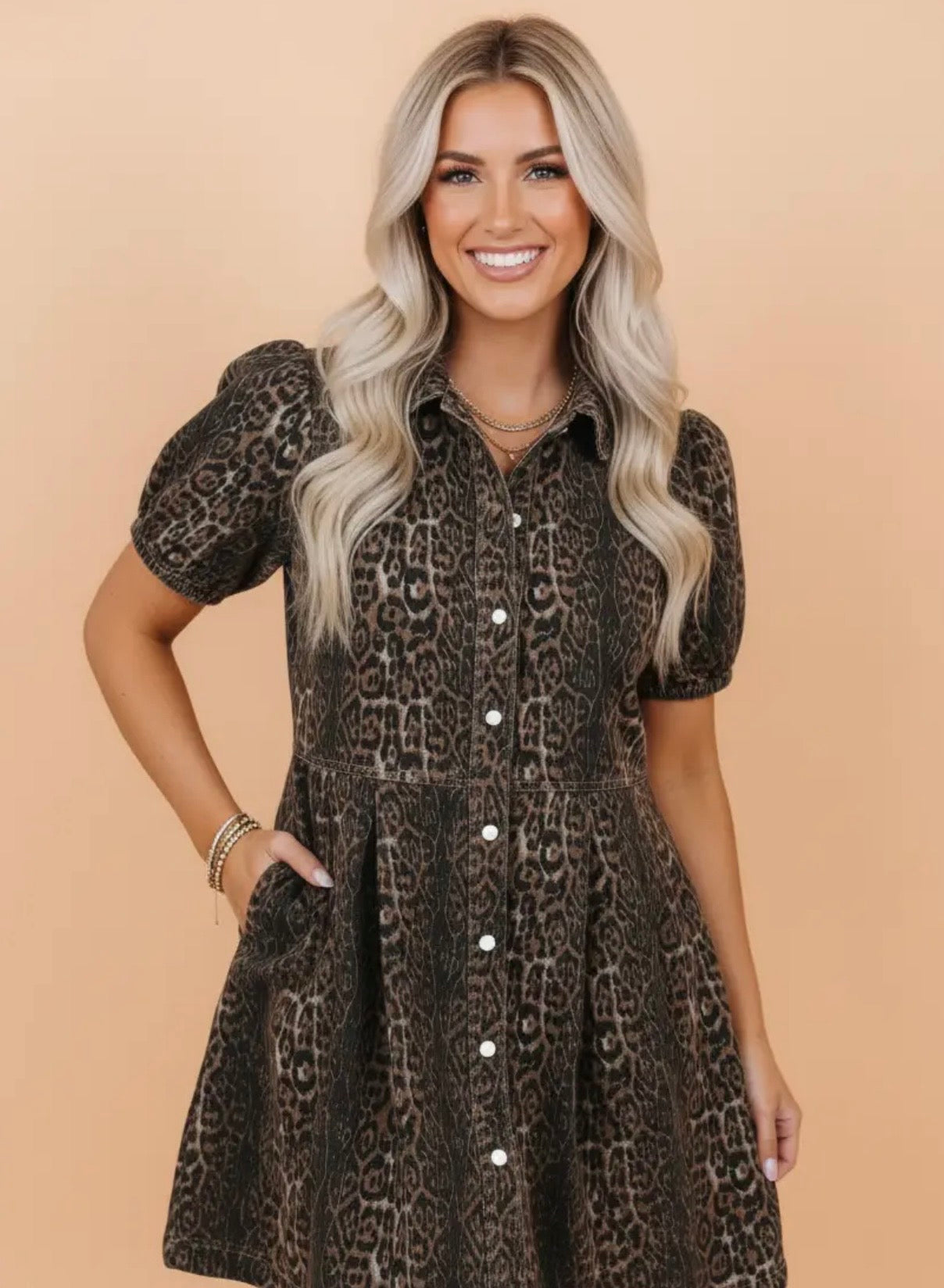 Leopard Denim Pleated Mini Dress