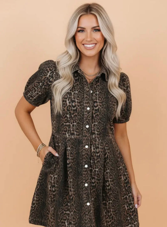 Leopard Denim Pleated Mini Dress