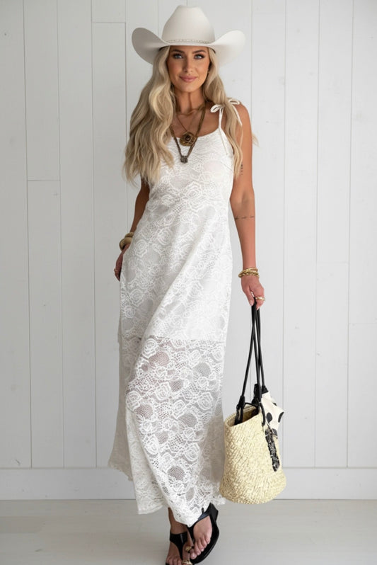 Floral Lace Tie Spaghetti Straps Maxi Dress